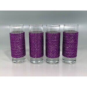4 Glass Shooter Tumblers Clear with Purple Rhinestone Bling